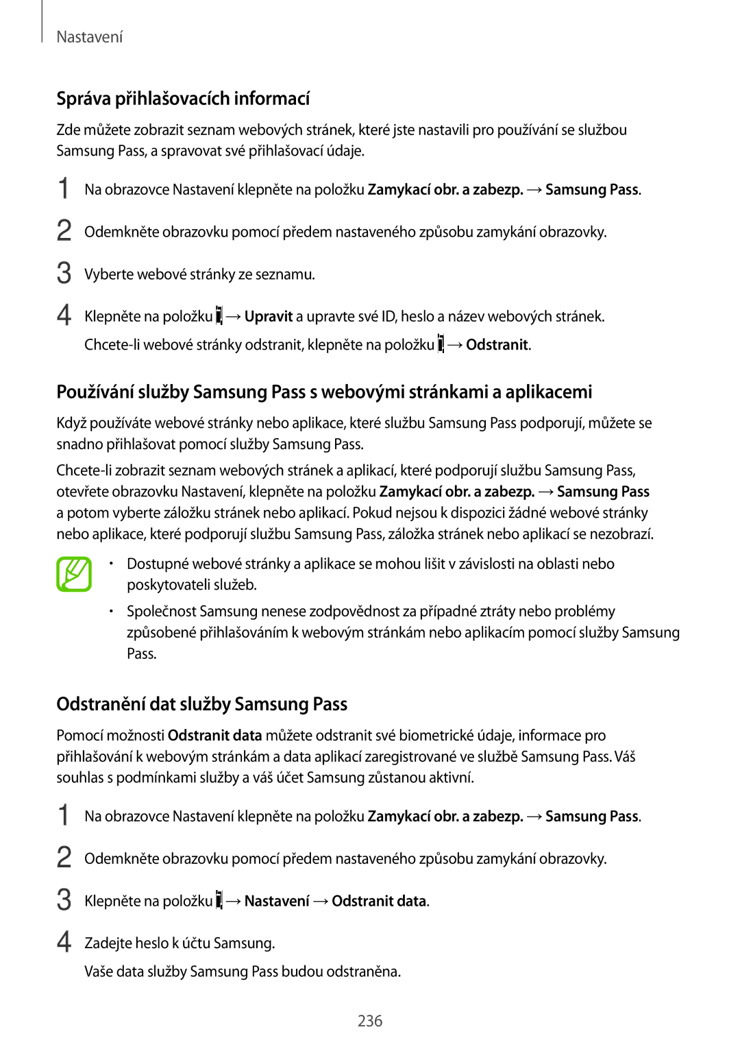 Samsung SM-N950FZKAO2C, SM-N950FZBDETL, SM-N950FZDDETL Správa přihlašovacích informací, Odstranění dat služby Samsung Pass 
