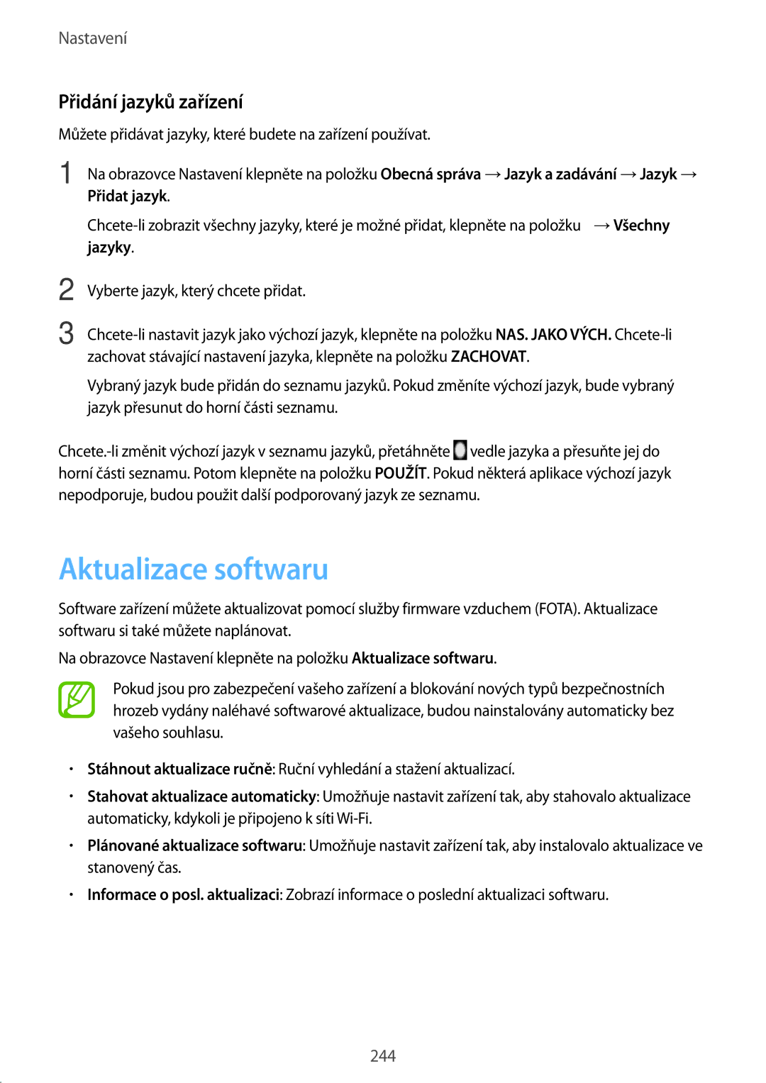 Samsung SM-N950FZKAO2C, SM-N950FZBDETL, SM-N950FZDDETL, SM-N950FZKDETL manual Aktualizace softwaru, Přidání jazyků zařízení 