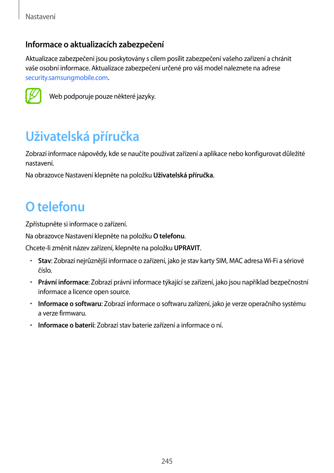 Samsung SM-N950FZBDETL, SM-N950FZKAO2C manual Uživatelská příručka, Telefonu, Informace o aktualizacích zabezpečení 