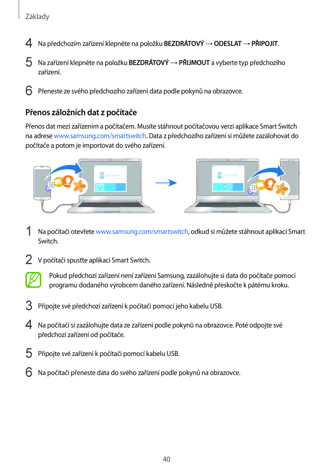 Samsung SM-N950FZKAO2C, SM-N950FZBDETL manual Přenos záložních dat z počítače, Počítači spusťte aplikaci Smart Switch 