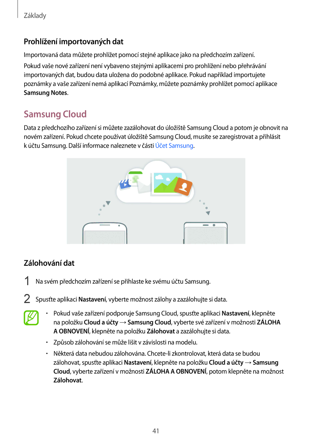 Samsung SM-N950FZBDETL, SM-N950FZKAO2C, SM-N950FZDDETL manual Samsung Cloud, Prohlížení importovaných dat, Zálohování dat 