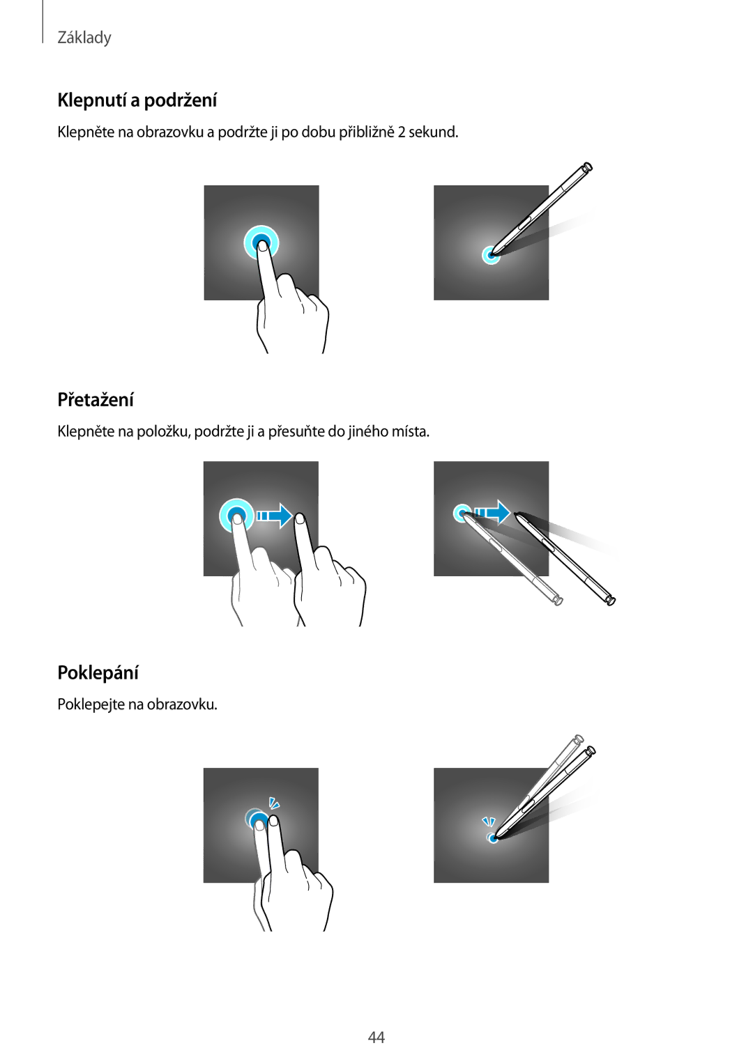 Samsung SM-N950FZKAO2C, SM-N950FZBDETL, SM-N950FZDDETL, SM-N950FZKDETL manual Klepnutí a podržení, Přetažení, Poklepání 