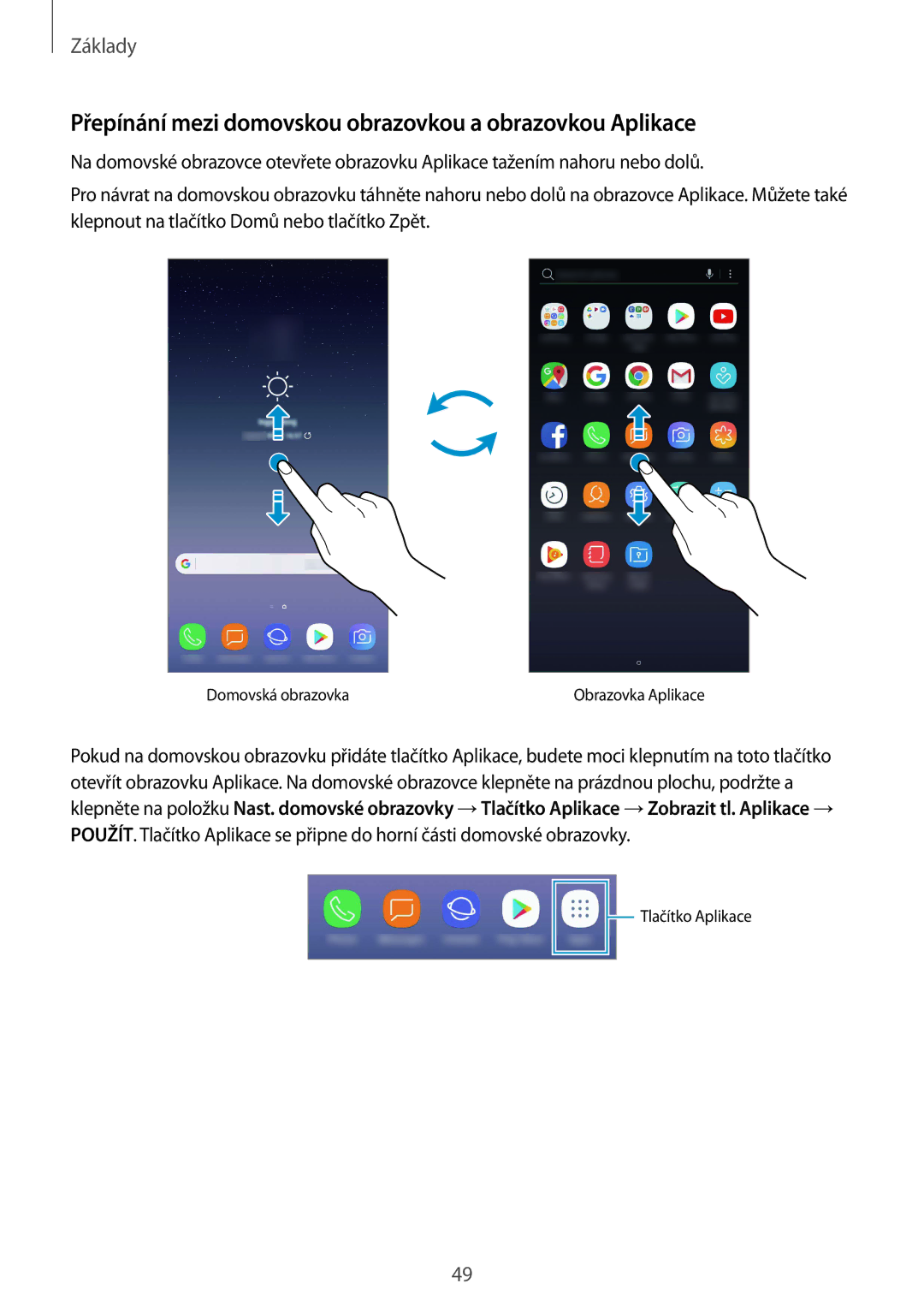 Samsung SM-N950FZBDETL, SM-N950FZKAO2C, SM-N950FZDDETL manual Přepínání mezi domovskou obrazovkou a obrazovkou Aplikace 