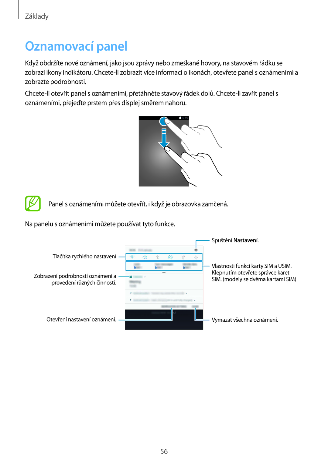 Samsung SM-N950FZKAO2C, SM-N950FZBDETL, SM-N950FZDDETL Oznamovací panel, Otevření nastavení oznámení Spuštění Nastavení 