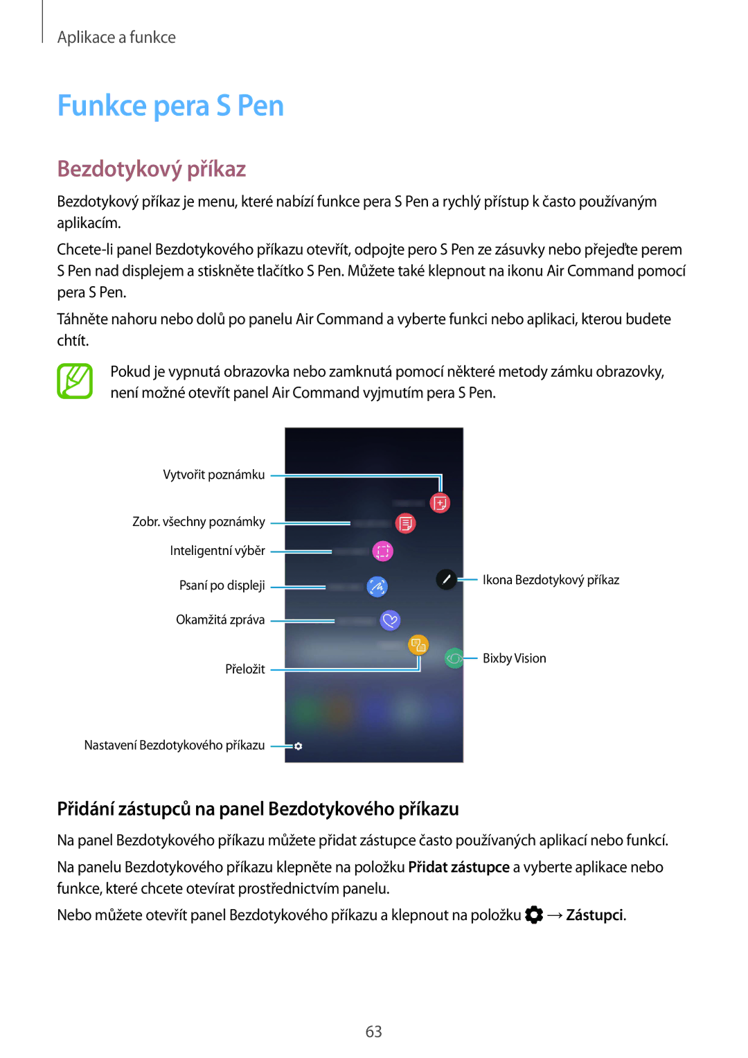 Samsung SM-N950FZKDETL manual Funkce pera S Pen, Bezdotykový příkaz, Přidání zástupců na panel Bezdotykového příkazu 