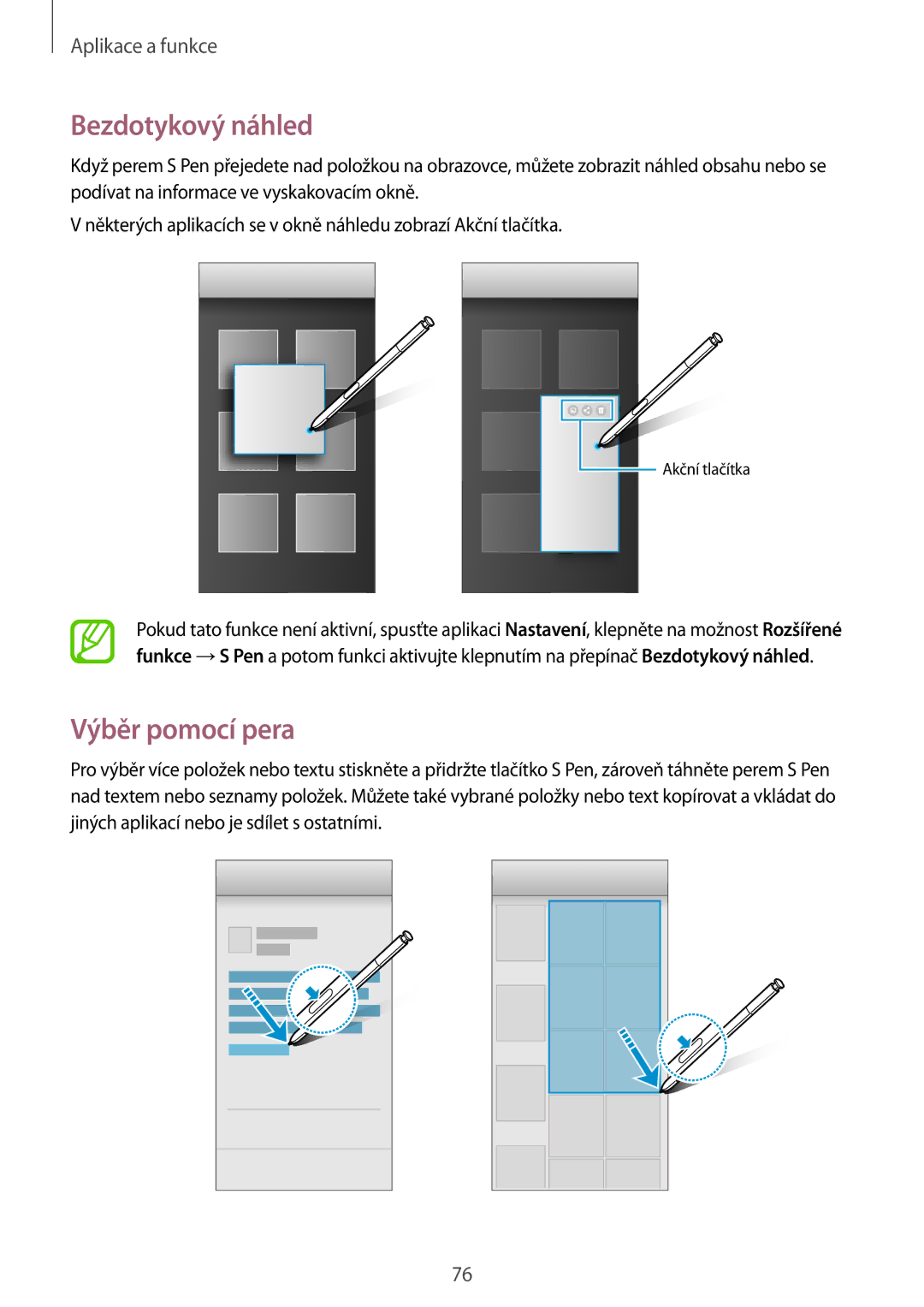 Samsung SM-N950FZKAO2C, SM-N950FZBDETL, SM-N950FZDDETL, SM-N950FZKDETL manual Bezdotykový náhled, Výběr pomocí pera 