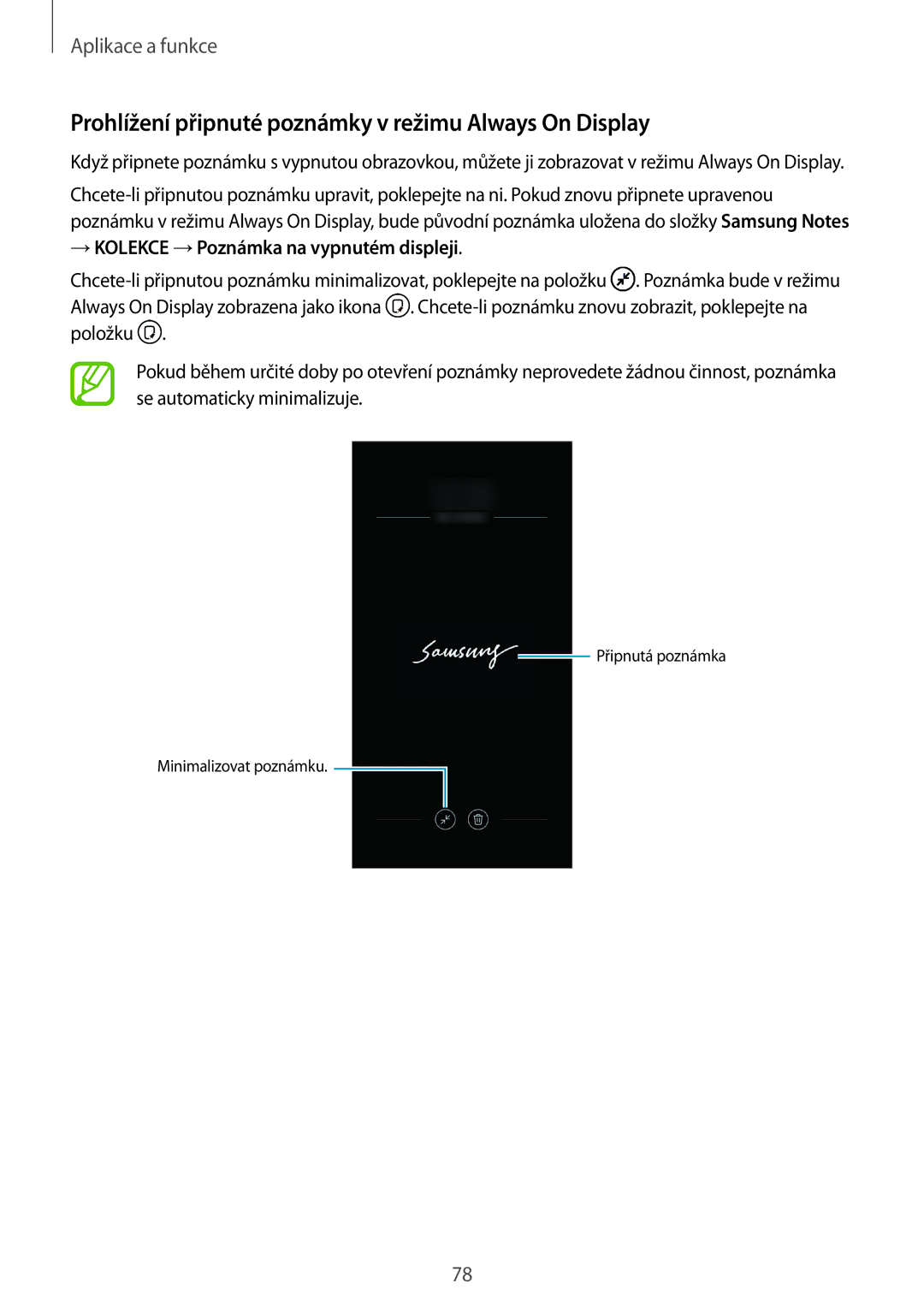 Samsung SM-N950FZDDETL Prohlížení připnuté poznámky v režimu Always On Display, → Kolekce →Poznámka na vypnutém displeji 