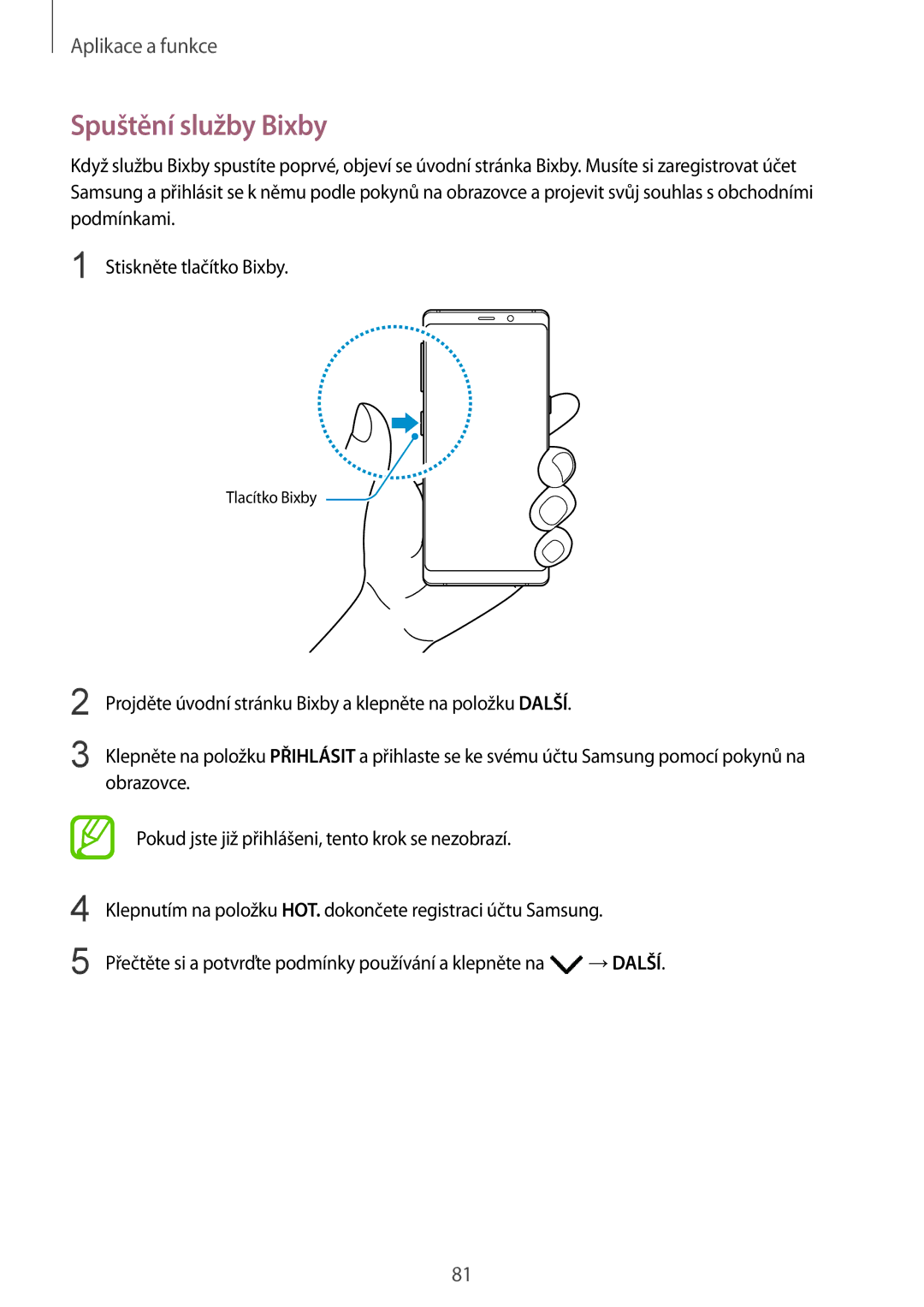 Samsung SM-N950FZBDETL, SM-N950FZKAO2C, SM-N950FZDDETL, SM-N950FZKDETL manual Spuštění služby Bixby 