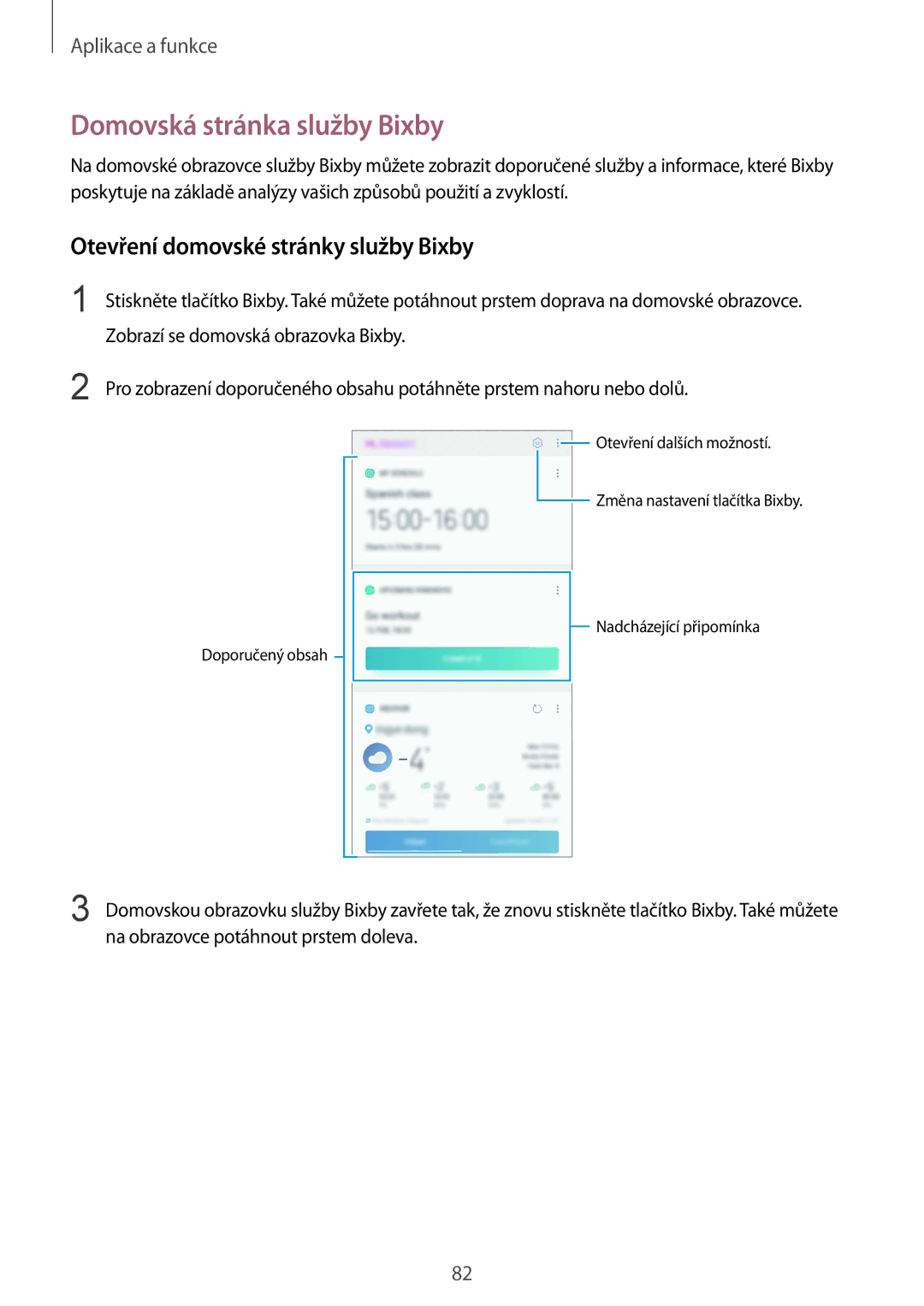 Samsung SM-N950FZDDETL, SM-N950FZKAO2C manual Domovská stránka služby Bixby, Otevření domovské stránky služby Bixby 