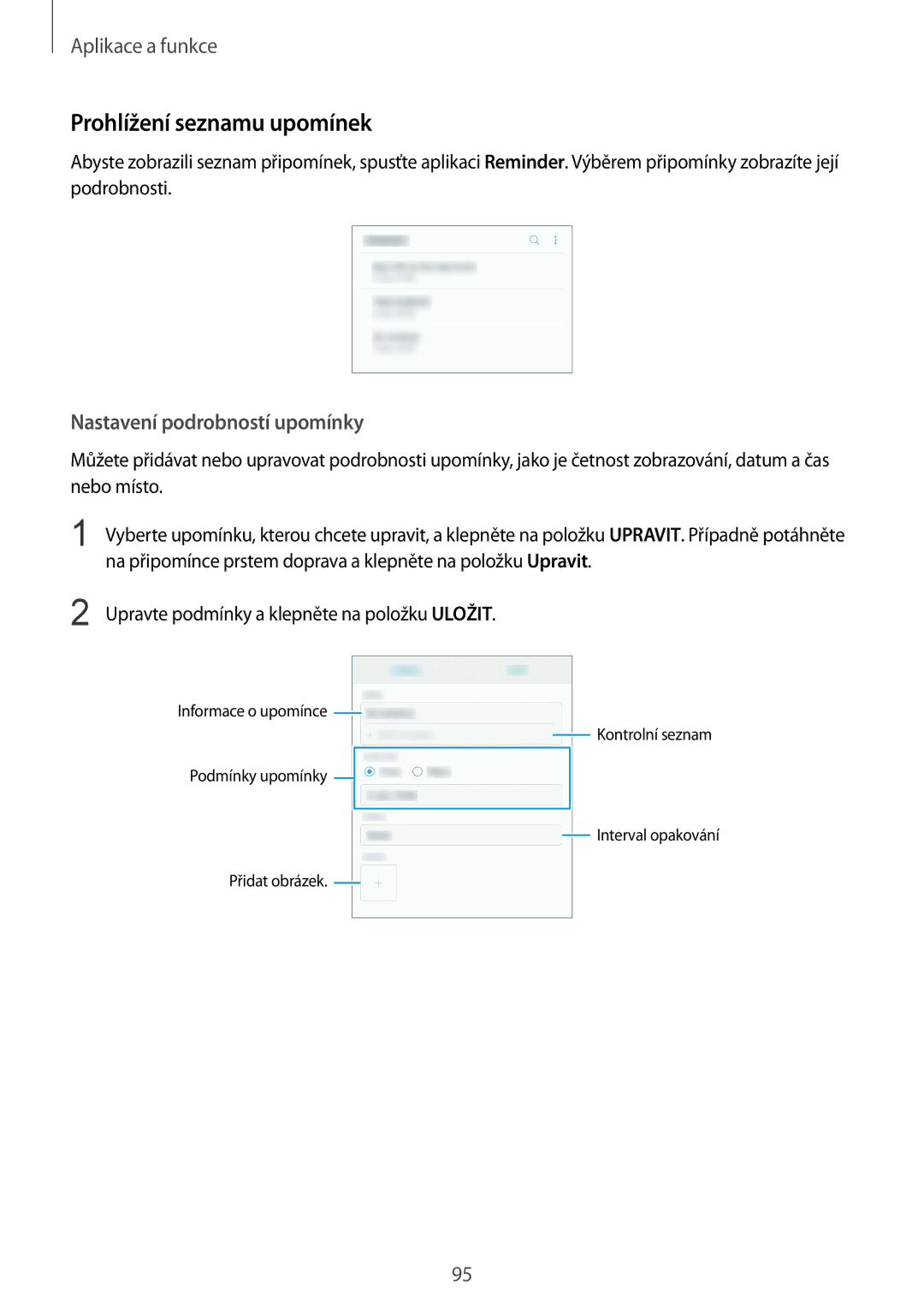 Samsung SM-N950FZKDETL, SM-N950FZKAO2C, SM-N950FZBDETL manual Prohlížení seznamu upomínek, Nastavení podrobností upomínky 