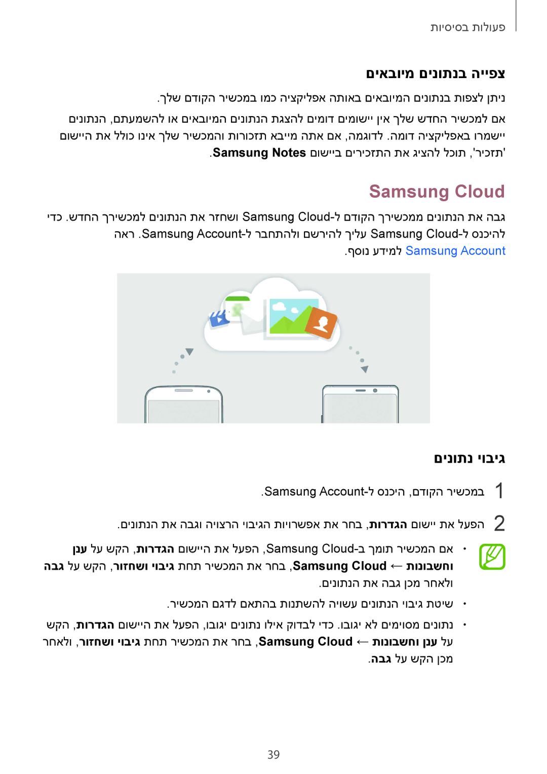 Samsung SM-N950FZKAPCL, SM-N950FZVAILO, SM-N950FZDAILO manual Samsung Cloud, םיאבוימ םינותנב הייפצ, םינותנ יוביג 