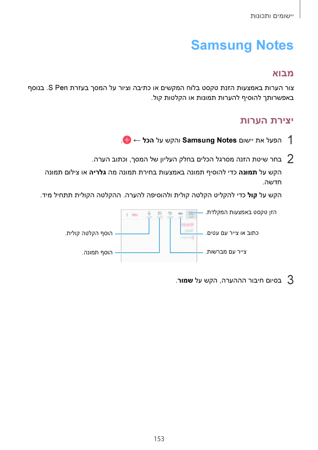 Samsung SM-N950FZKAPCL, SM-N950FZVAILO, SM-N950FZDAILO manual Samsung Notes, תורעה תריצי, 153 