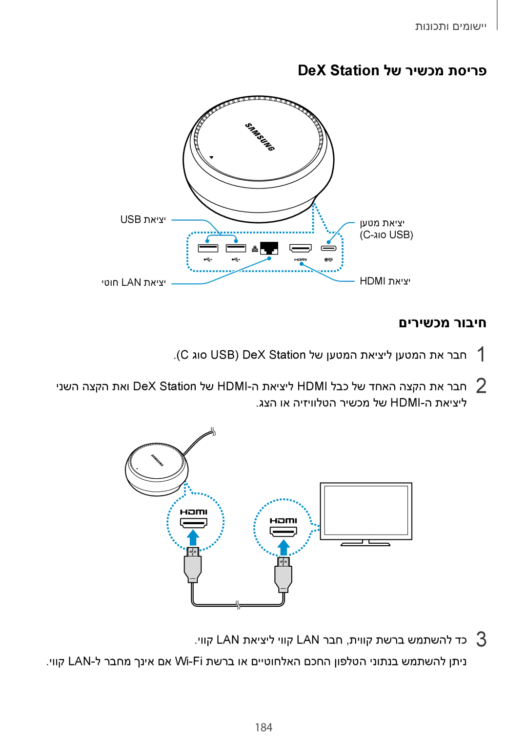 Samsung SM-N950FZVAILO, SM-N950FZKAPCL, SM-N950FZDAILO manual DeX Station לש רישכמ תסירפ, םירישכמ רוביח, 184 