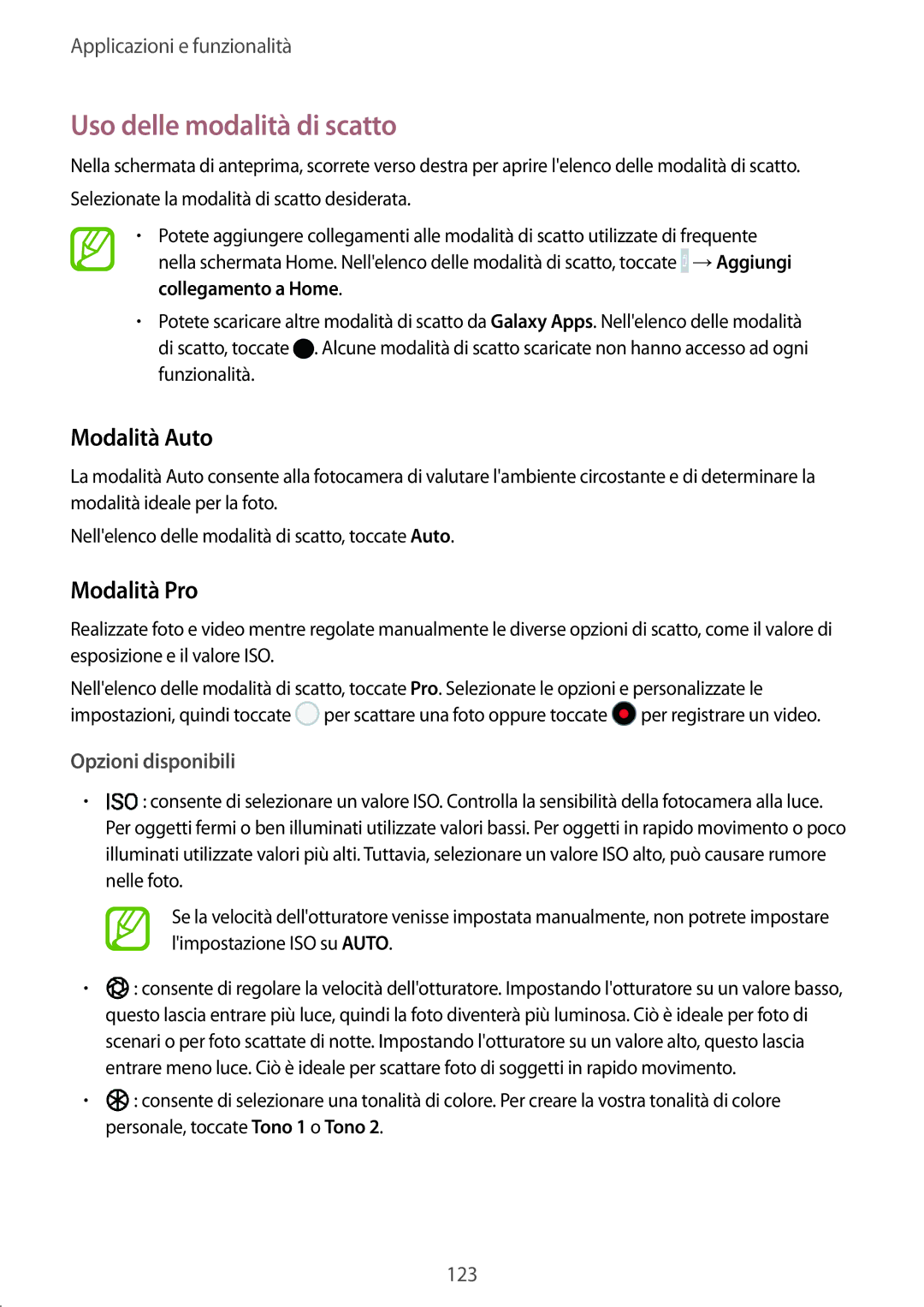 Samsung SM-N950FZKAOMN, SM-N950FZKDITV manual Uso delle modalità di scatto, Modalità Auto, Modalità Pro, Opzioni disponibili 