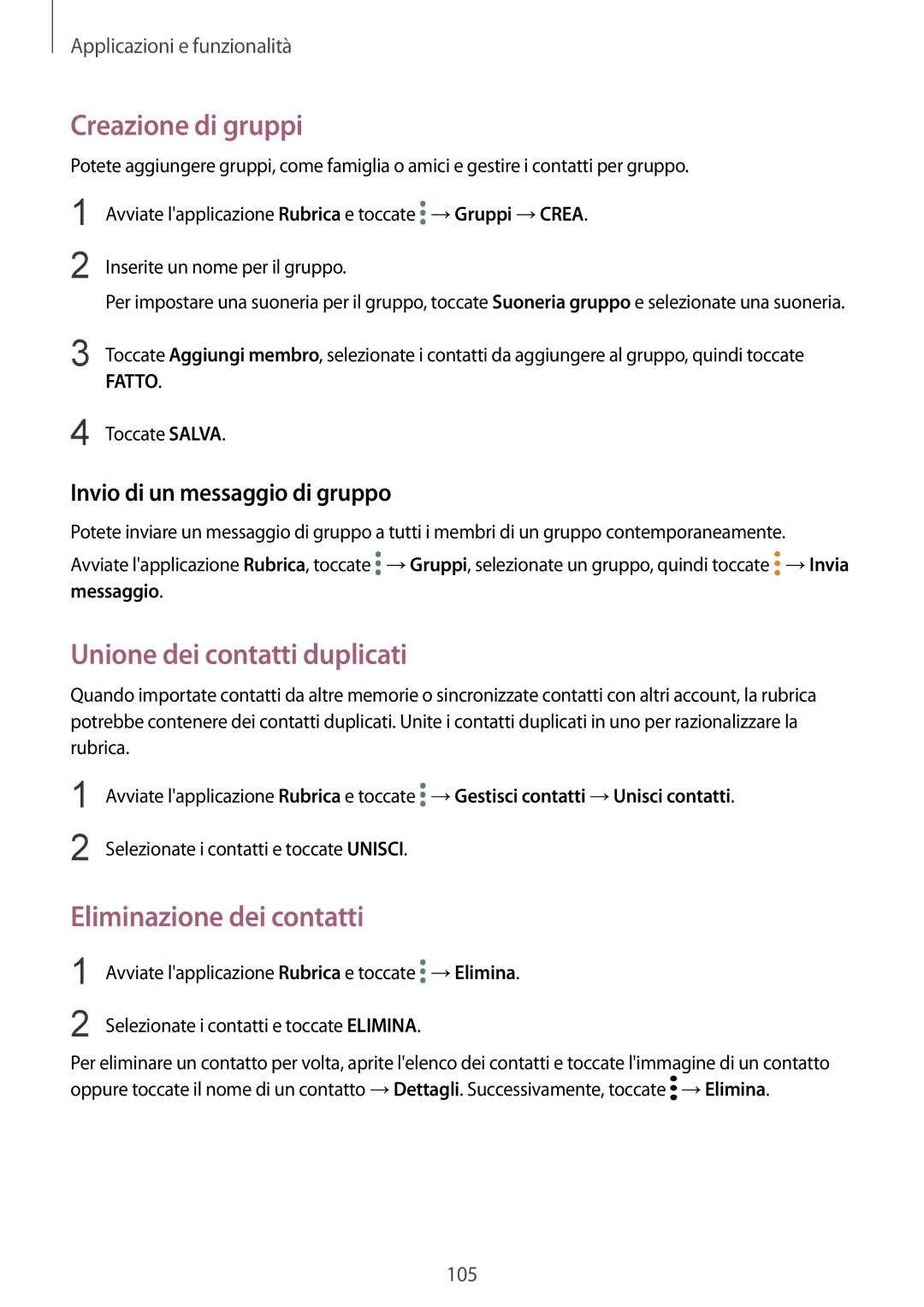 Samsung SM-N950FZDATIM, SM-N950FZKDITV manual Creazione di gruppi, Unione dei contatti duplicati, Eliminazione dei contatti 