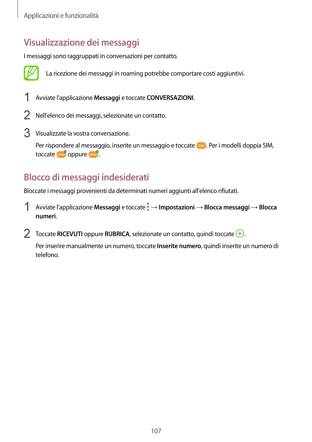 Samsung SM-N950FZVATUR, SM-N950FZKDITV manual Visualizzazione dei messaggi, Blocco di messaggi indesiderati, Numeri 