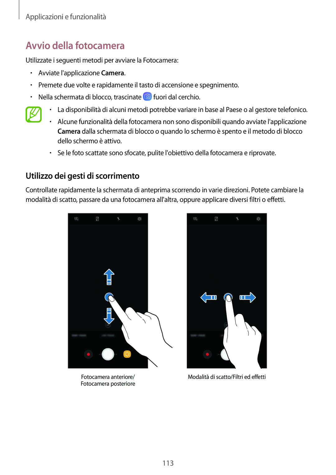 Samsung SM-N950FZDATUR, SM-N950FZKDITV, SM-N950FZKATUR manual Avvio della fotocamera, Utilizzo dei gesti di scorrimento 