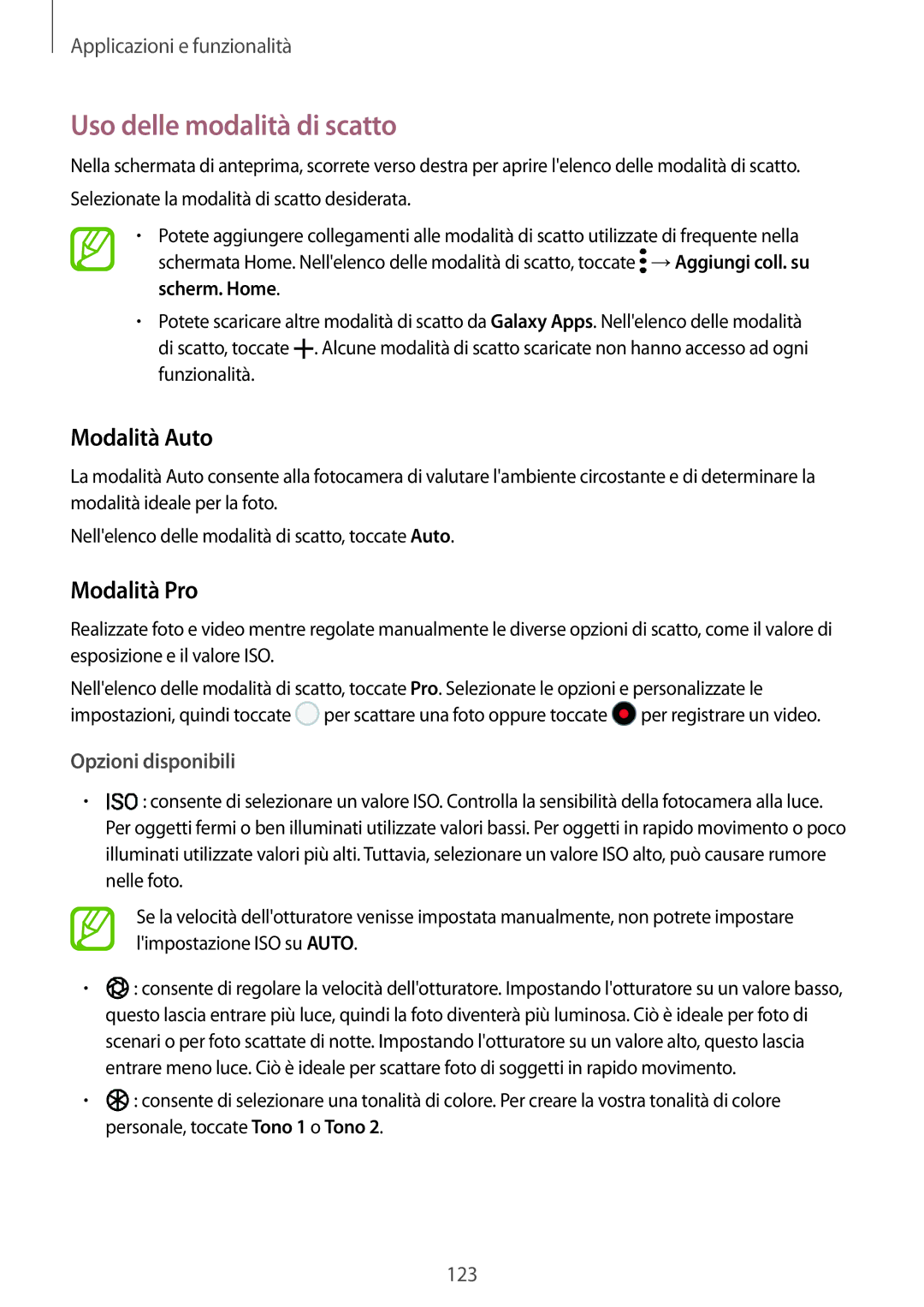 Samsung SM-N950FZKAOMN, SM-N950FZKDITV manual Uso delle modalità di scatto, Modalità Auto, Modalità Pro, Opzioni disponibili 