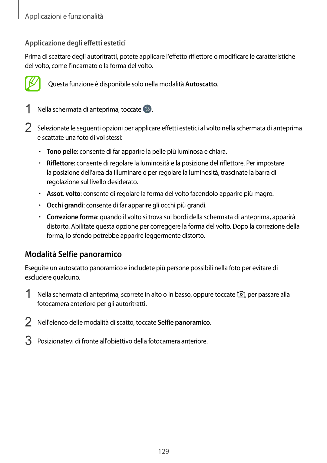 Samsung SM-N950FZKAHUI, SM-N950FZKDITV, SM-N950FZDATUR manual Modalità Selfie panoramico, Applicazione degli effetti estetici 