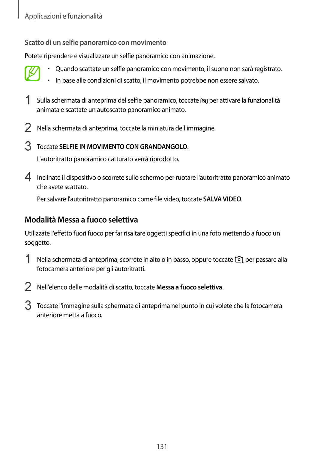 Samsung SM-N950FZKATIM, SM-N950FZKDITV manual Modalità Messa a fuoco selettiva, Scatto di un selfie panoramico con movimento 