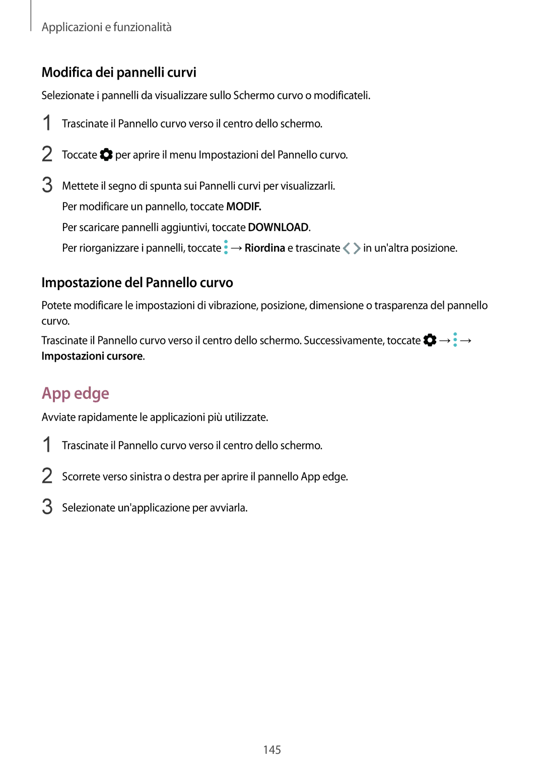 Samsung SM-N950FZKATIM, SM-N950FZKDITV manual App edge, Modifica dei pannelli curvi, Impostazione del Pannello curvo 