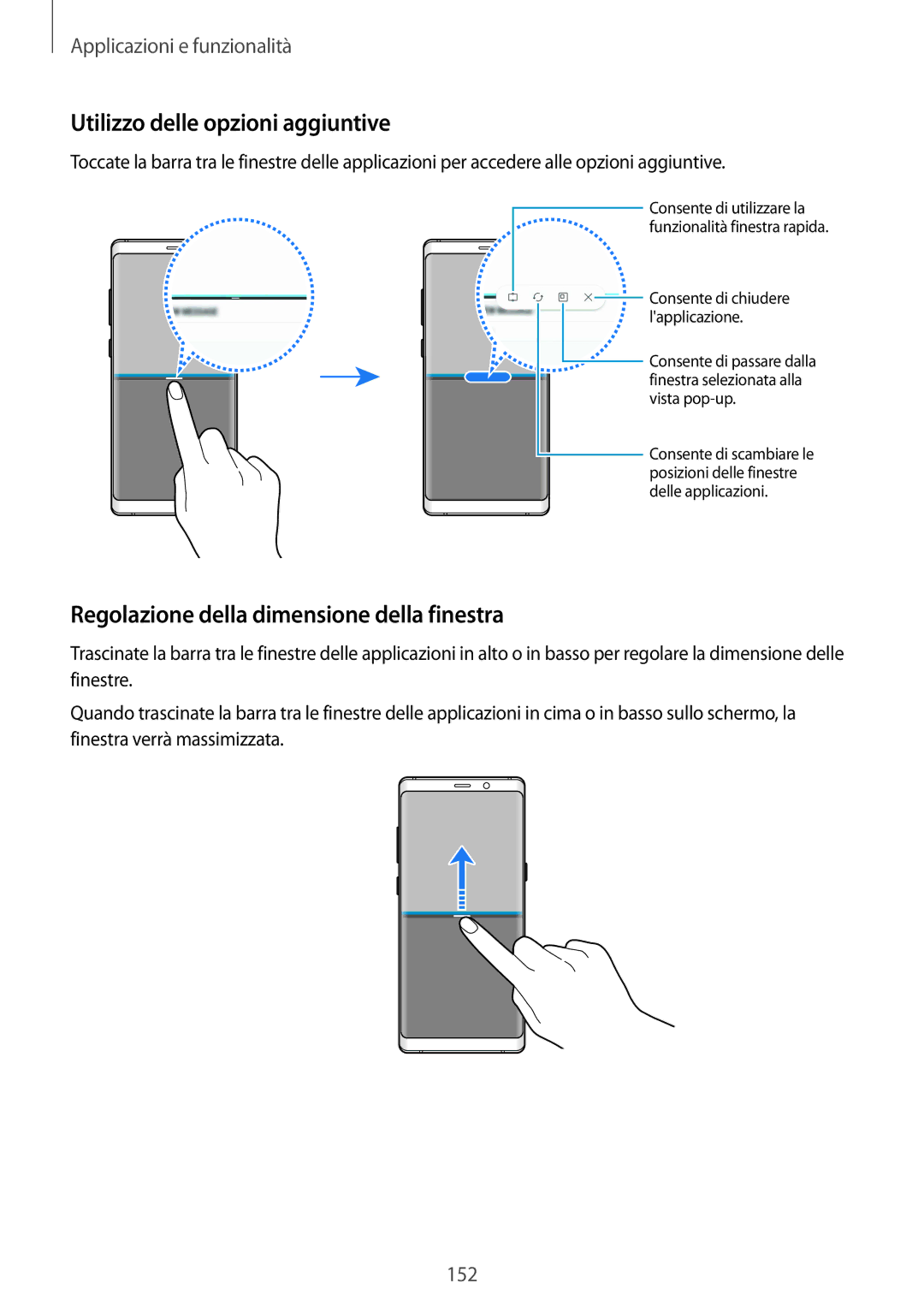 Samsung SM-N950FZDDITV, SM-N950FZKDITV manual Utilizzo delle opzioni aggiuntive, Regolazione della dimensione della finestra 