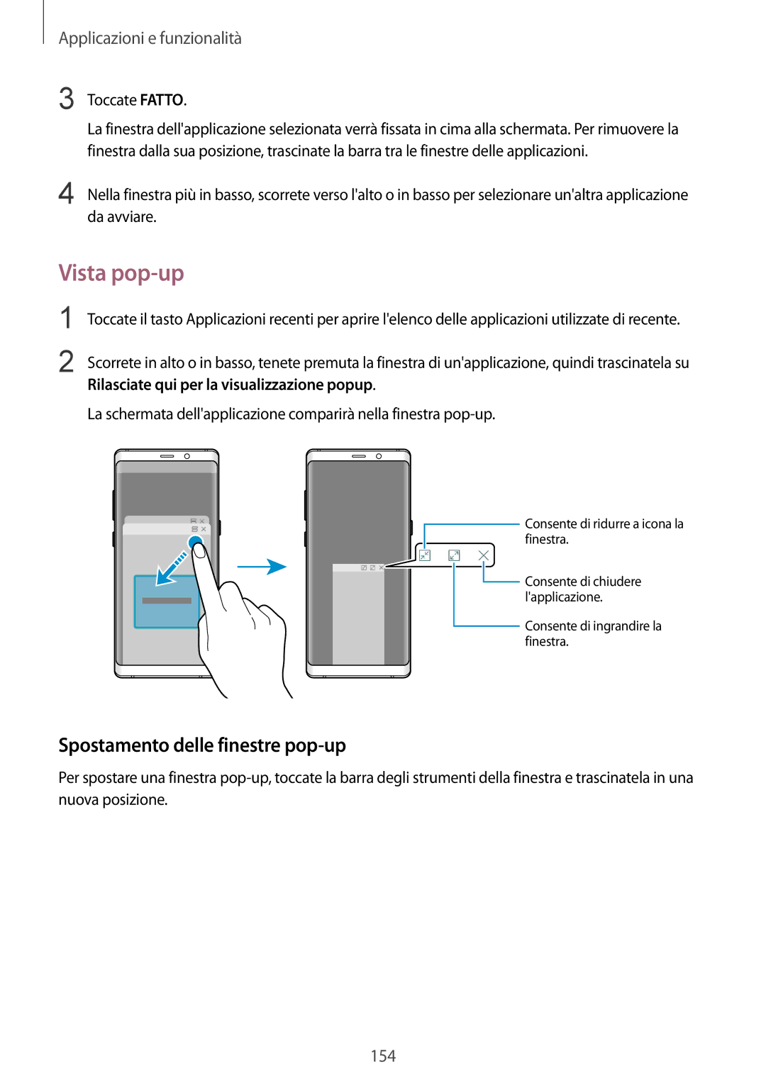Samsung SM-N950FZKDITV manual Vista pop-up, Spostamento delle finestre pop-up, Rilasciate qui per la visualizzazione popup 