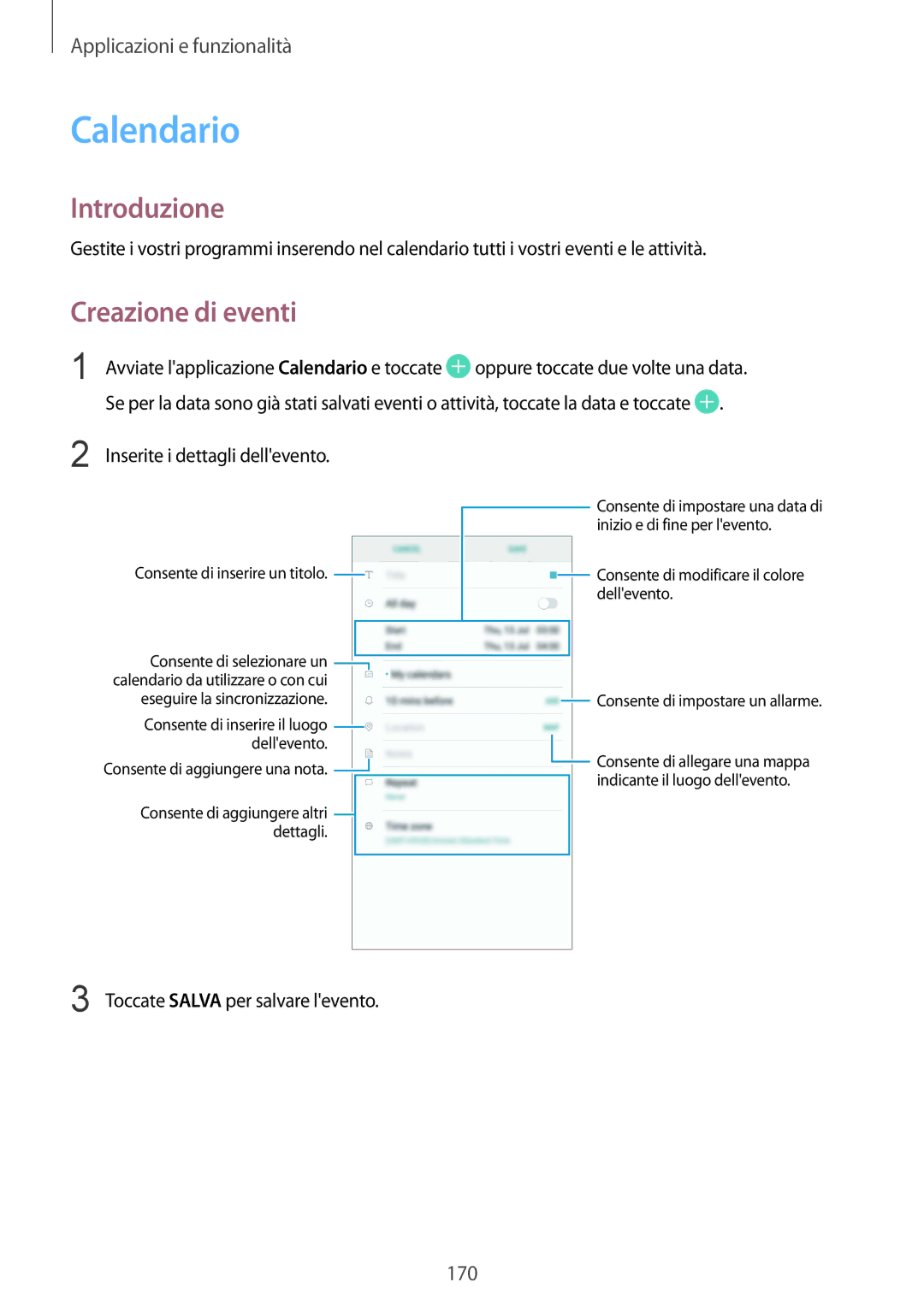 Samsung SM-N950FZKATUR, SM-N950FZKDITV, SM-N950FZDATUR, SM-N950FZKAHUI, SM-N950FZDAOMN manual Calendario, Creazione di eventi 