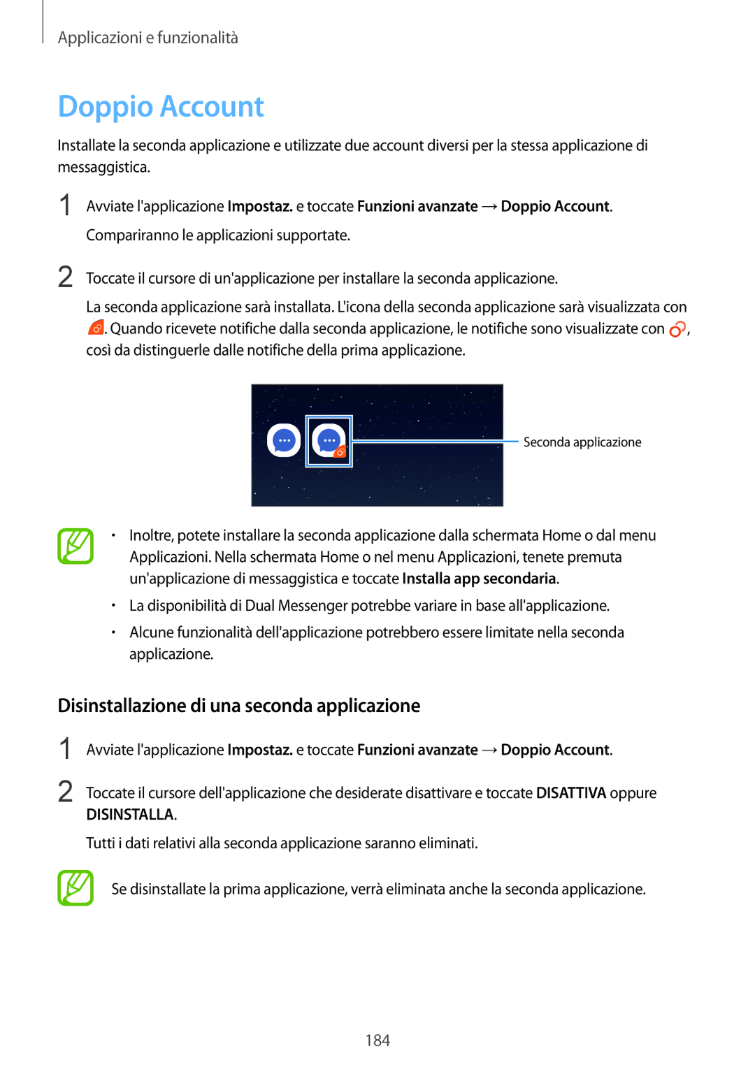 Samsung SM-N950FZKATUR, SM-N950FZKDITV, SM-N950FZDATUR manual Doppio Account, Disinstallazione di una seconda applicazione 