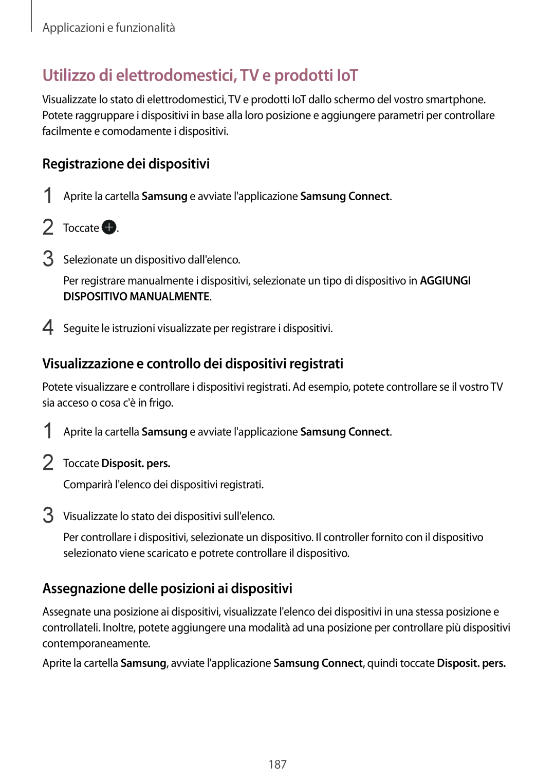 Samsung SM-N950FZKATIM, SM-N950FZKDITV manual Utilizzo di elettrodomestici, TV e prodotti IoT, Registrazione dei dispositivi 