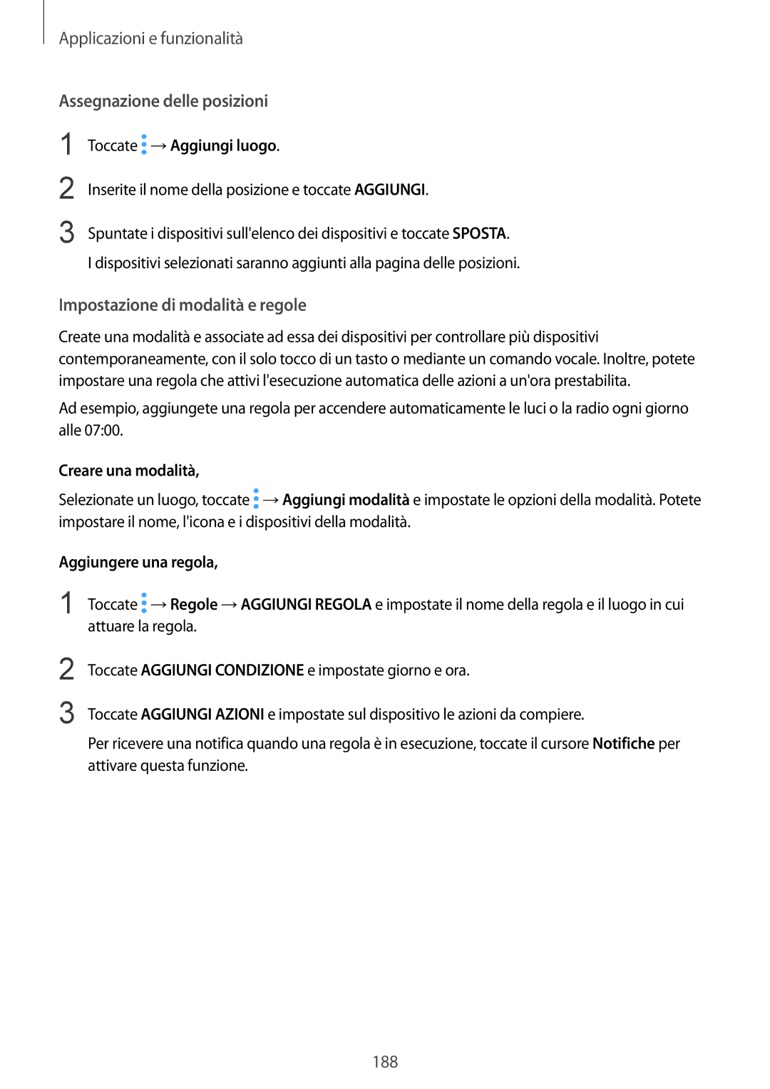 Samsung SM-N950FZDAITV manual Assegnazione delle posizioni, Impostazione di modalità e regole, Toccate →Aggiungi luogo 