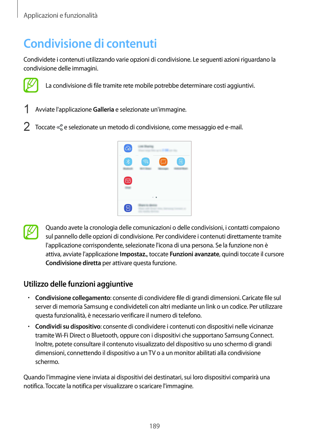 Samsung SM-N950FZDATIM, SM-N950FZKDITV, SM-N950FZDATUR manual Condivisione di contenuti, Utilizzo delle funzioni aggiuntive 