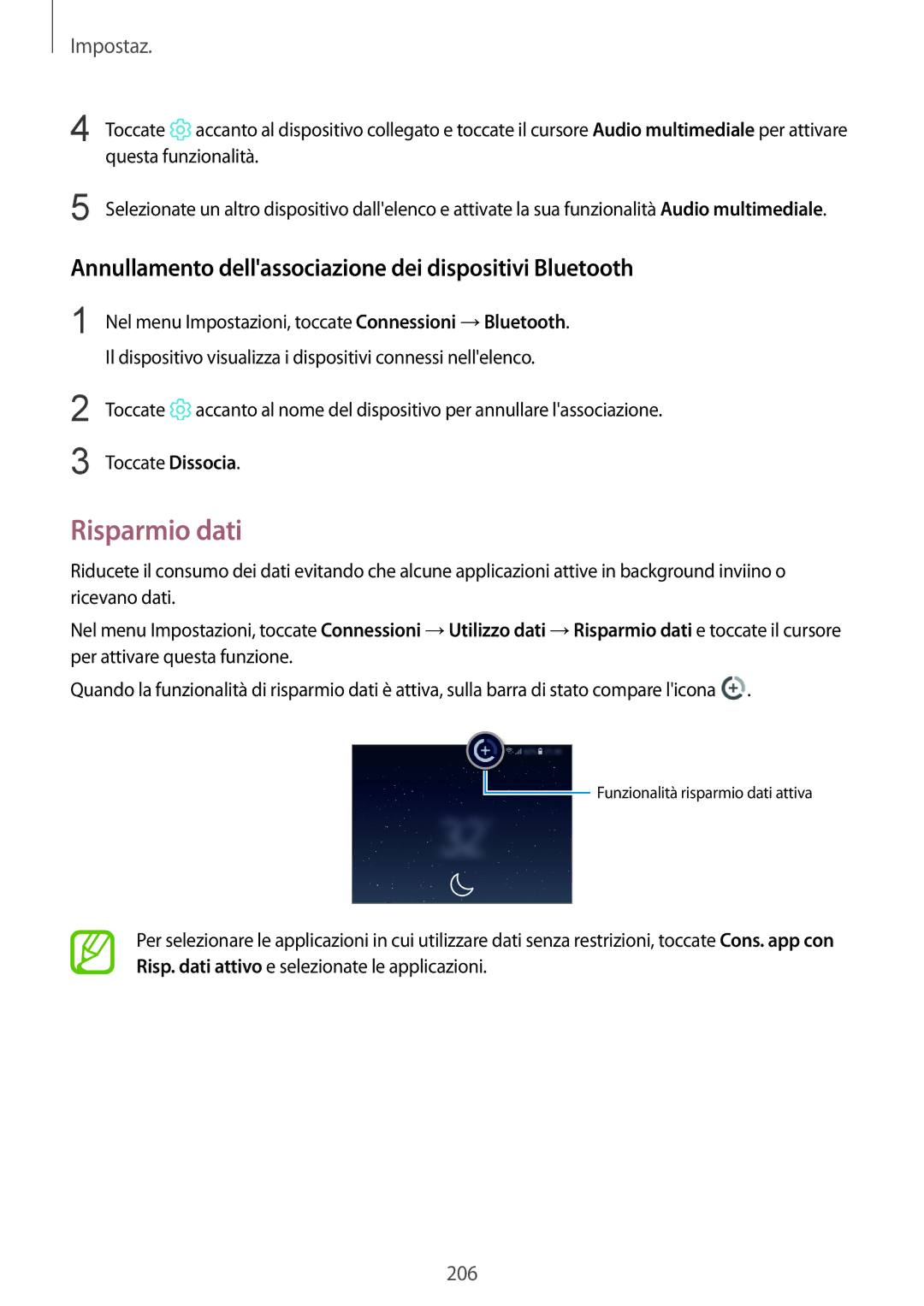 Samsung SM-N950FZBATIM, SM-N950FZKDITV manual Risparmio dati, Annullamento dellassociazione dei dispositivi Bluetooth 