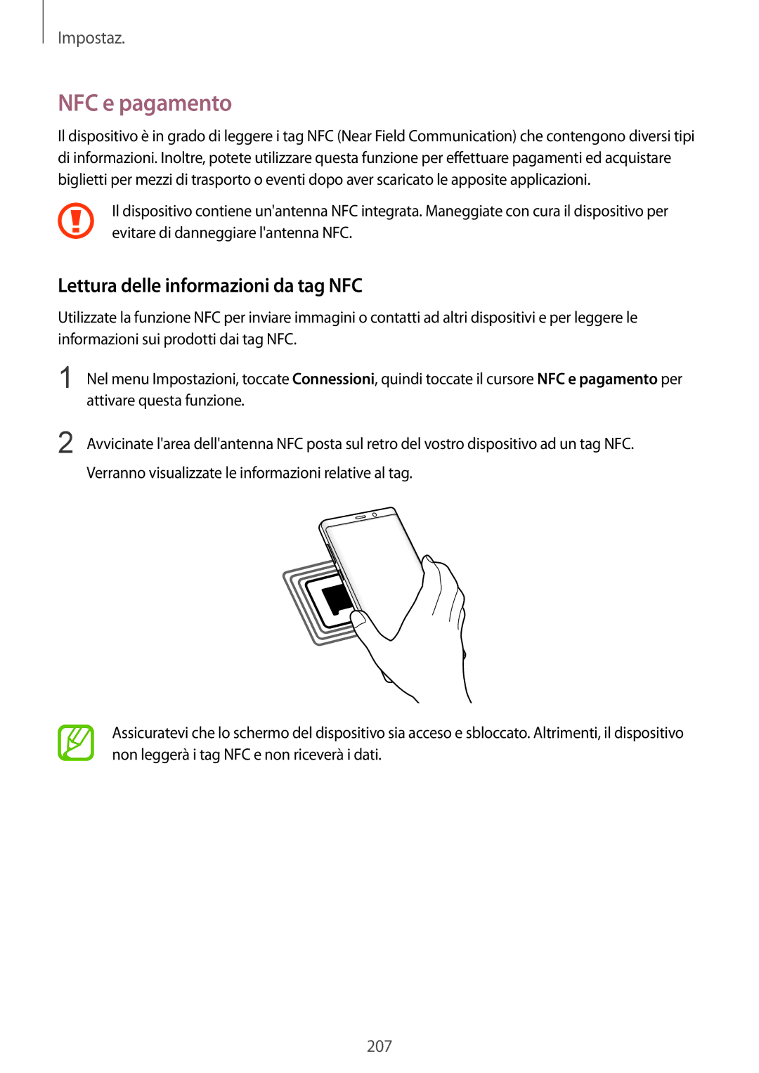 Samsung SM-N950FZKAOMN, SM-N950FZKDITV, SM-N950FZDATUR manual NFC e pagamento, Lettura delle informazioni da tag NFC 