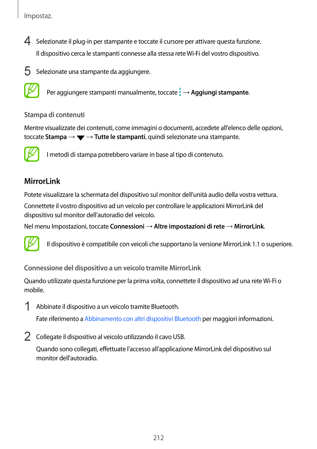 Samsung SM-N950FZKATUR manual Stampa di contenuti, Connessione del dispositivo a un veicolo tramite MirrorLink 