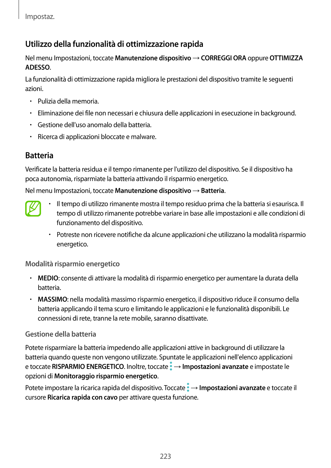 Samsung SM-N950FZKAITV manual Utilizzo della funzionalità di ottimizzazione rapida, Batteria, Modalità risparmio energetico 