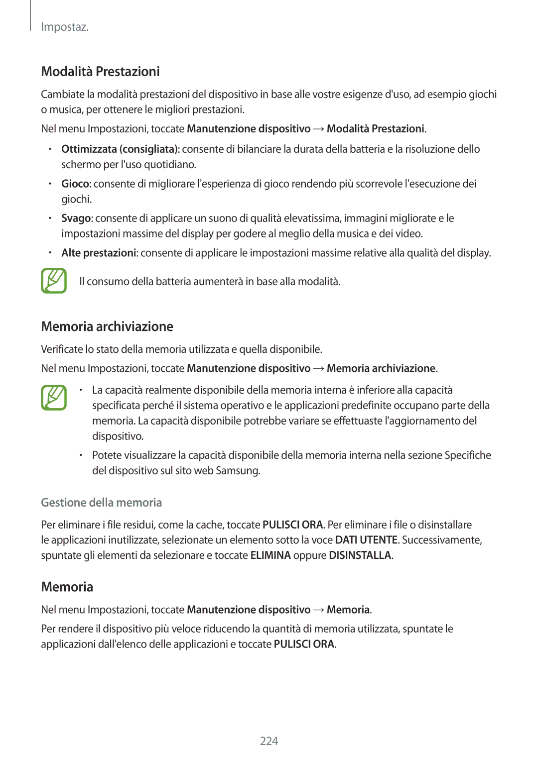 Samsung SM-N950FZKDITV, SM-N950FZDATUR, SM-N950FZKATUR Modalità Prestazioni, Memoria archiviazione, Gestione della memoria 