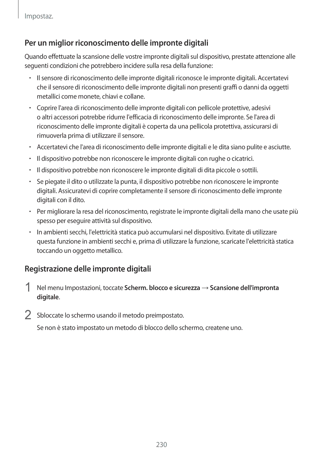 Samsung SM-N950FZDAITV manual Per un miglior riconoscimento delle impronte digitali, Registrazione delle impronte digitali 