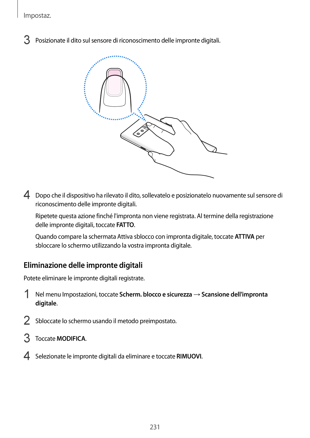 Samsung SM-N950FZDATIM, SM-N950FZKDITV, SM-N950FZDATUR, SM-N950FZKATUR manual Eliminazione delle impronte digitali, Digitale 