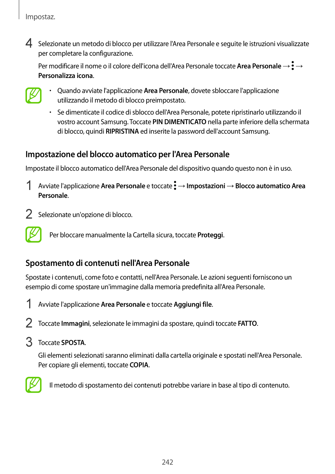 Samsung SM-N950FZDAOMN Impostazione del blocco automatico per lArea Personale, Spostamento di contenuti nellArea Personale 