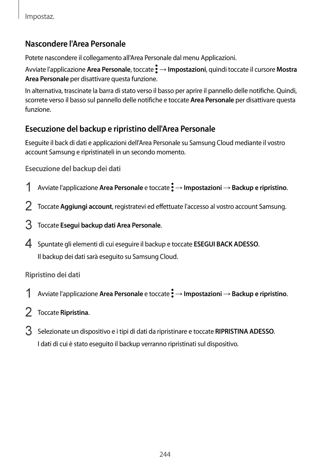 Samsung SM-N950FZDAITV, SM-N950FZKDITV Nascondere lArea Personale, Esecuzione del backup e ripristino dellArea Personale 