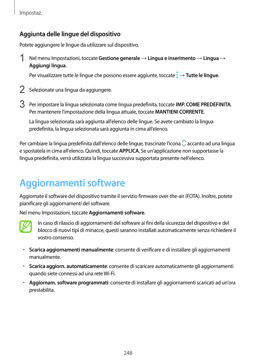 Samsung SM-N950FZBATIM, SM-N950FZKDITV, SM-N950FZDATUR manual Aggiornamenti software, Aggiunta delle lingue del dispositivo 