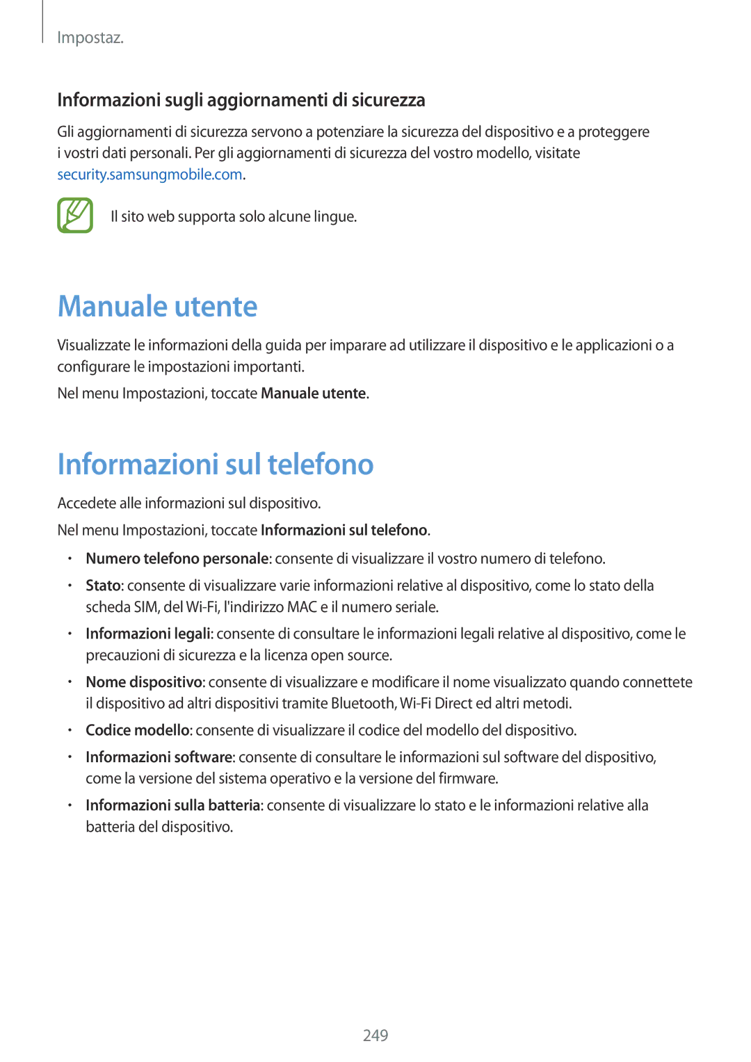 Samsung SM-N950FZKAOMN manual Manuale utente, Informazioni sul telefono, Informazioni sugli aggiornamenti di sicurezza 