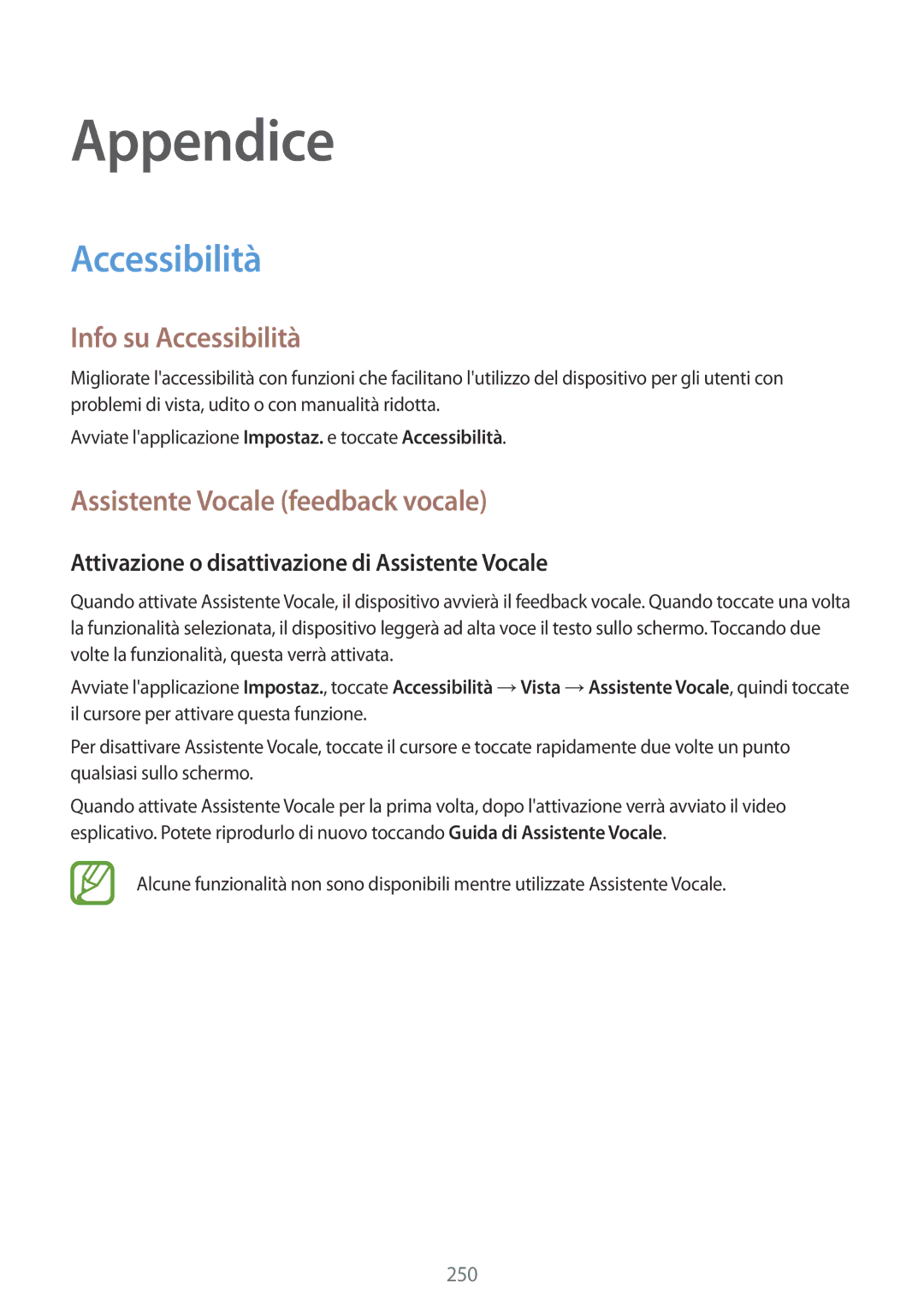 Samsung SM-N950FZDDITV, SM-N950FZKDITV, SM-N950FZDATUR manual Info su Accessibilità, Assistente Vocale feedback vocale 