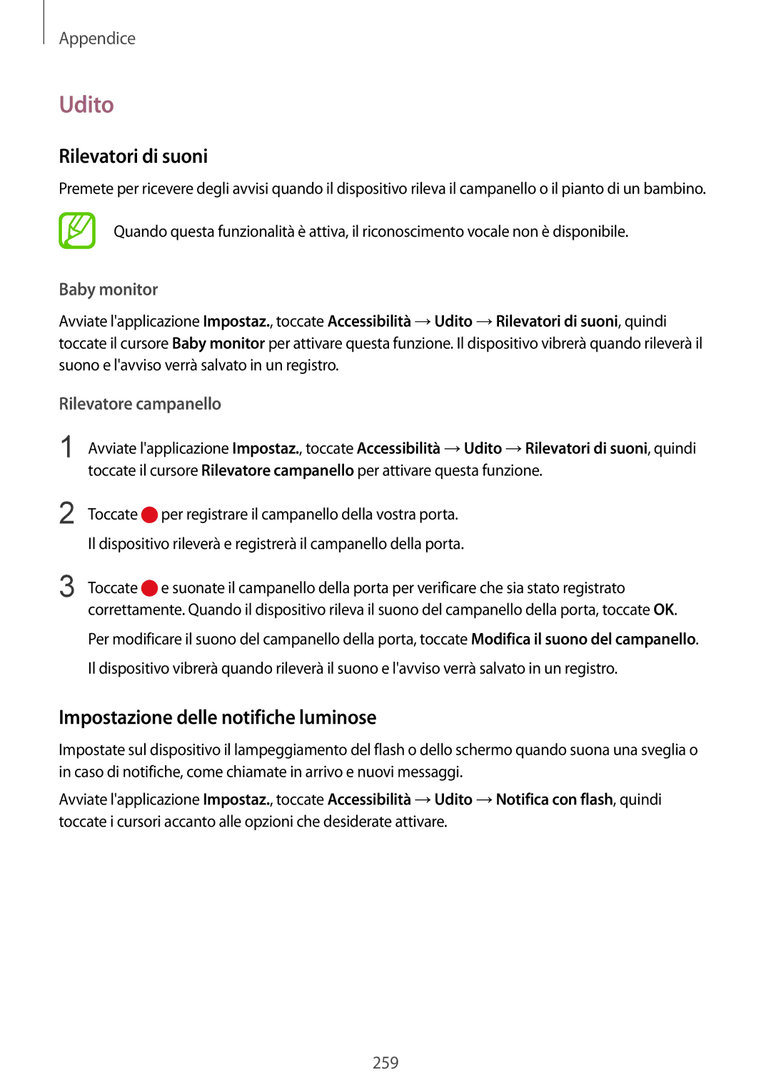 Samsung SM-N950FZDATIM, SM-N950FZKDITV Udito, Rilevatori di suoni, Impostazione delle notifiche luminose, Baby monitor 