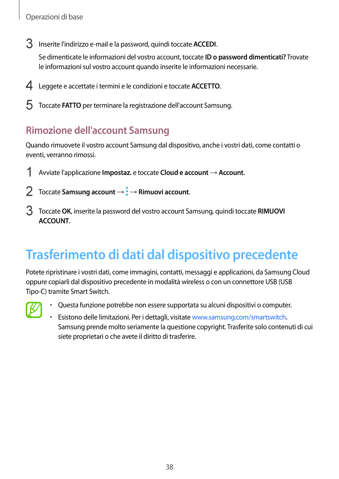 Samsung SM-N950FZBATIM manual Trasferimento di dati dal dispositivo precedente, Toccate Samsung account → →Rimuovi account 