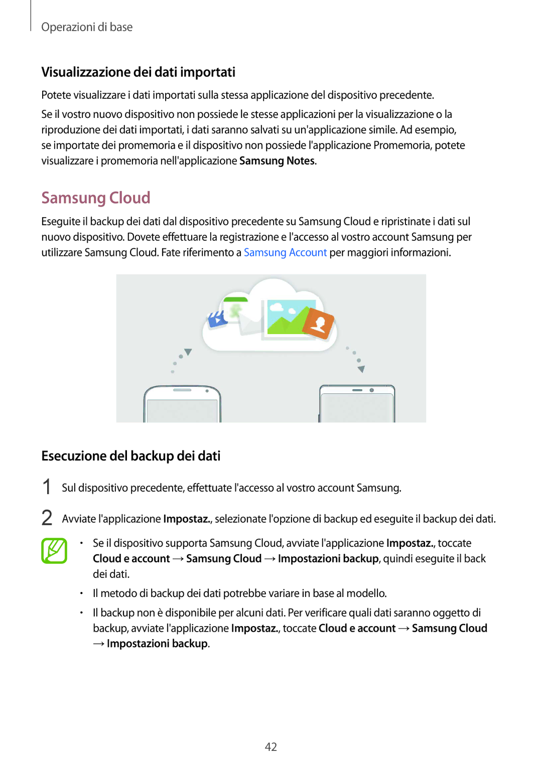 Samsung SM-N950FZKDITV, SM-N950FZDATUR Samsung Cloud, Visualizzazione dei dati importati, Esecuzione del backup dei dati 