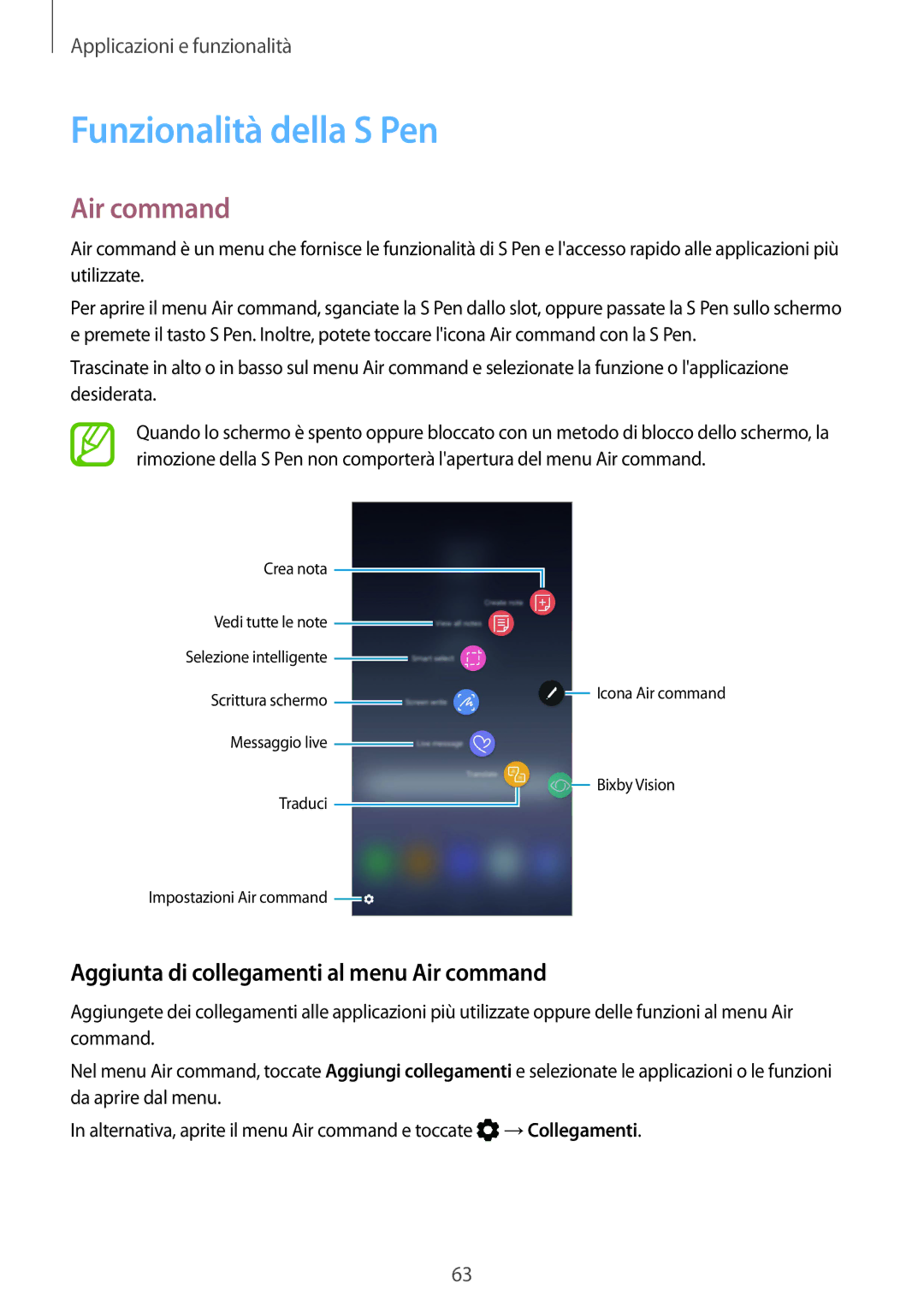 Samsung SM-N950FZDATIM, SM-N950FZKDITV manual Funzionalità della S Pen, Aggiunta di collegamenti al menu Air command 