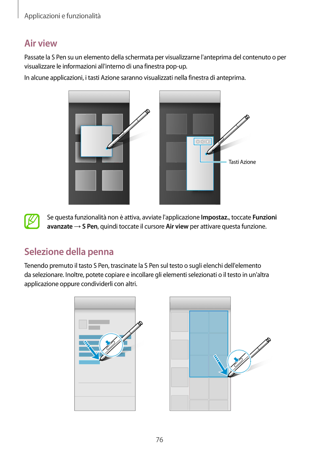 Samsung SM-N950FZDAITV, SM-N950FZKDITV, SM-N950FZDATUR, SM-N950FZKATUR, SM-N950FZKAHUI manual Air view, Selezione della penna 