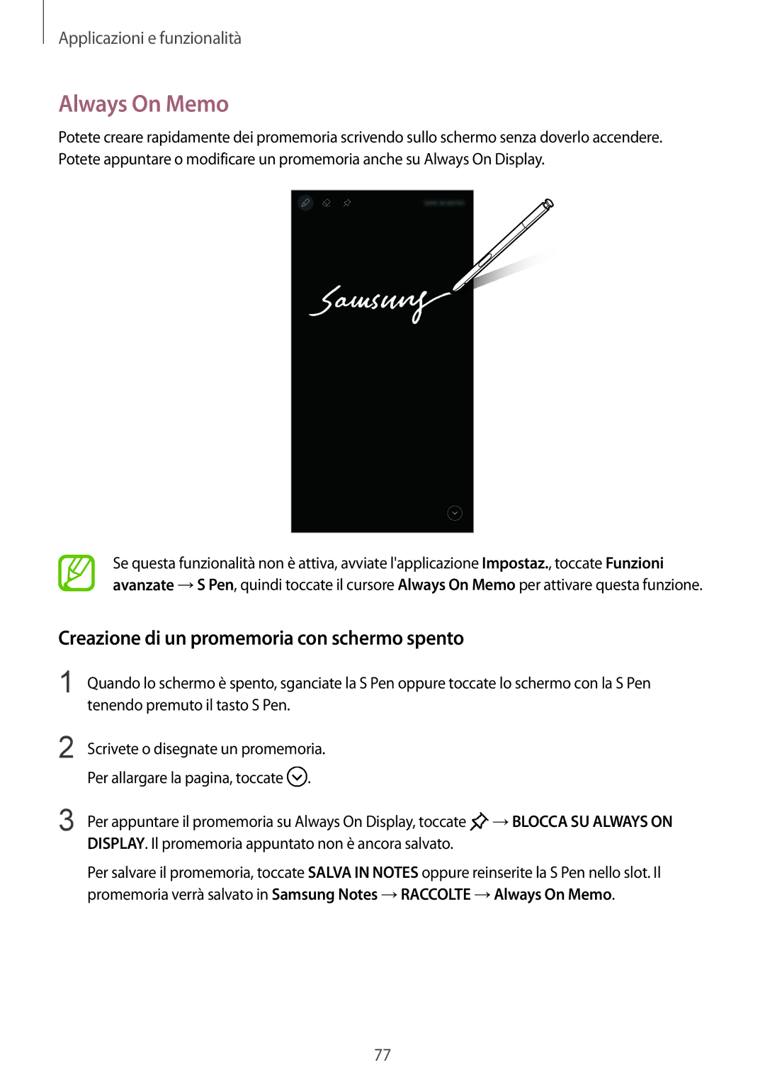 Samsung SM-N950FZDATIM, SM-N950FZKDITV, SM-N950FZDATUR manual Always On Memo, Creazione di un promemoria con schermo spento 